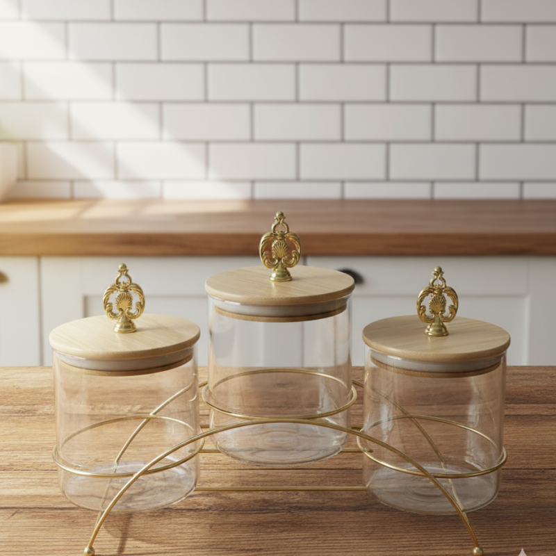 Elegant 3-Piece Glass Jar Set – With Stylish Metal Stand