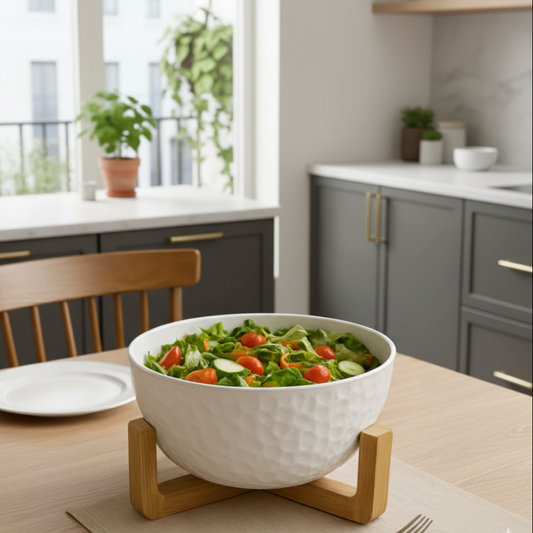 Elegant White Textured Ceramic Salad Bowl with Acacia Wooden Stand