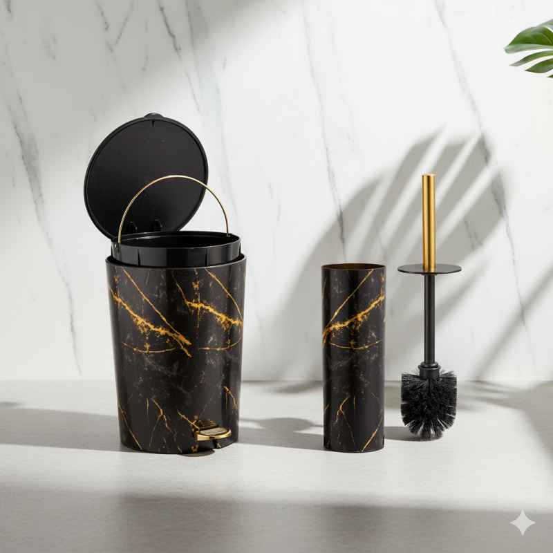 Limon MarblePrint Dustbin & Brush Set – Elegant Marble Design Waste Bin with Toilet Brush | Adornia.pk