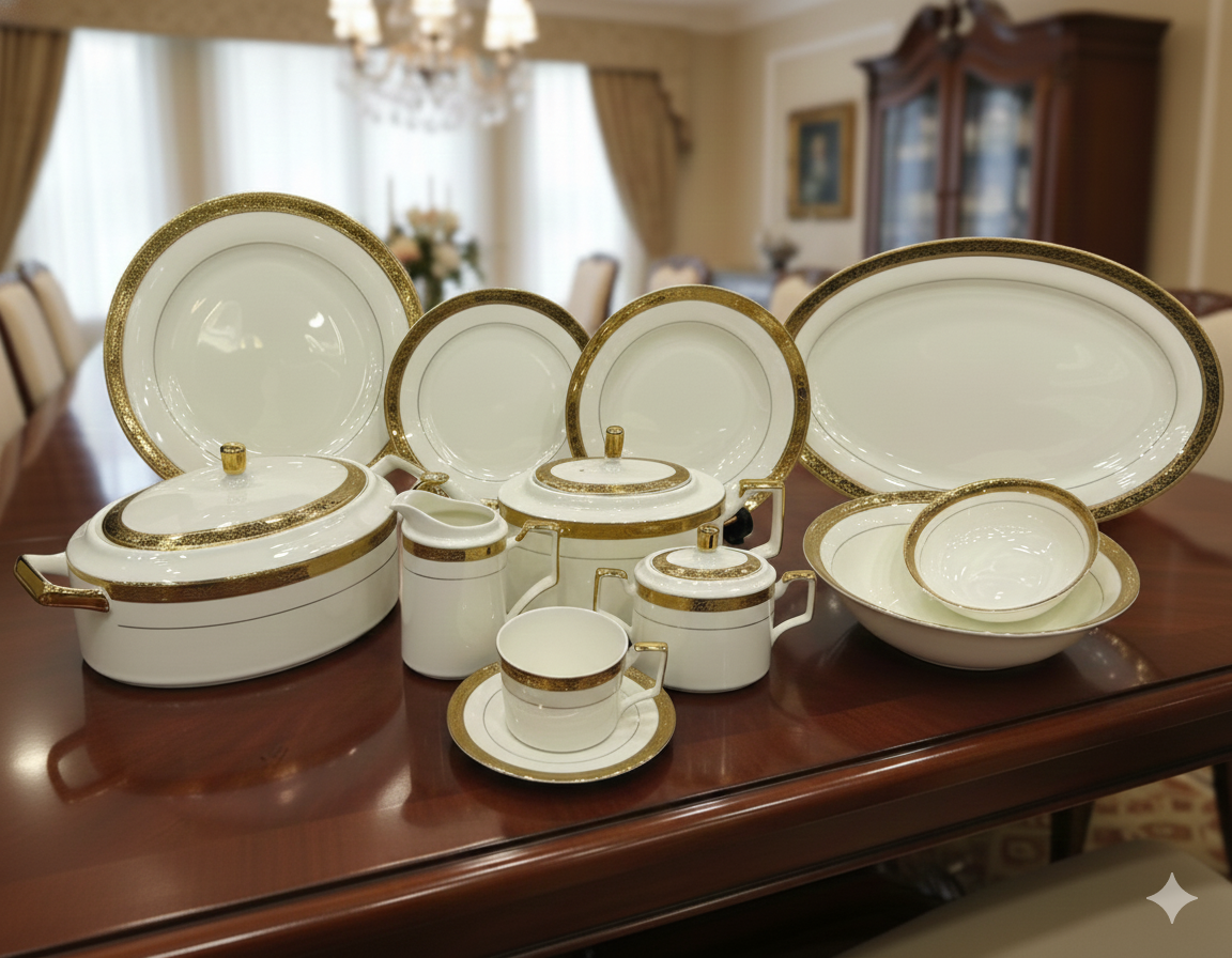 "Royal Gold" Imported Bone China 61-Piece Luxury Dinnerware Set | Complete Service for 8