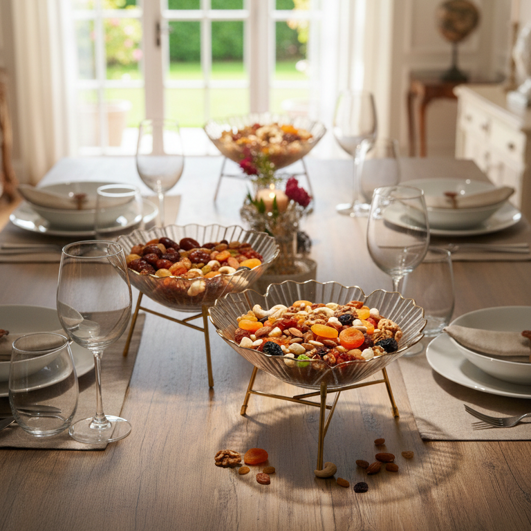 Graceful Fruits & Snacks Bowl with Golden Metal Stand