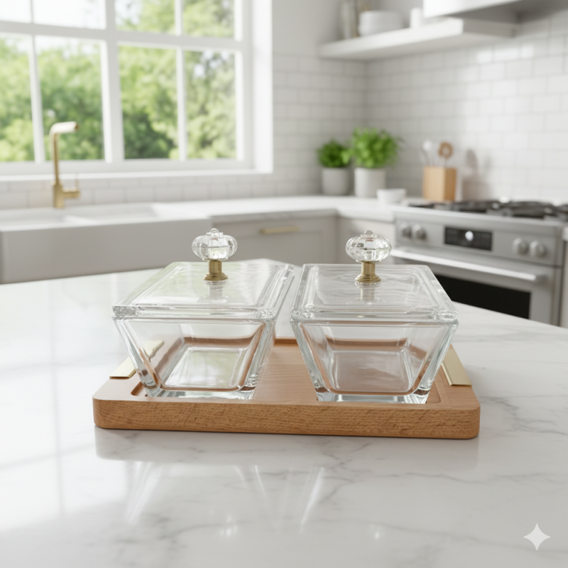 Limon DuoDelight Serving Set with Wooden Base – Dual Covered Snack & Appetizer Dishes | Adornia.pk