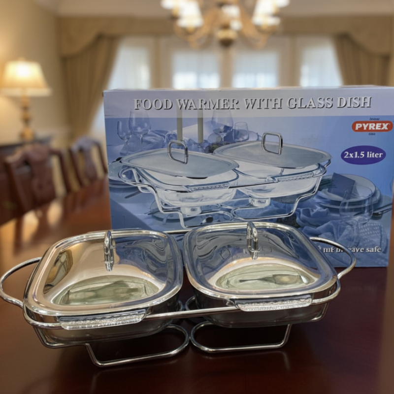 Double Food Warmer with Glass Dishes (Square)