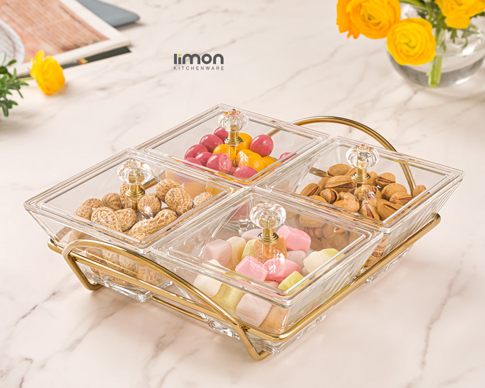 Glass Appetizers Serving Tray Removable Snack Serving Tray with Lid Metal Tray for Dried Fruits, Nuts, Sweets, Fruit, Snacks