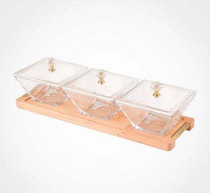 Glass Serving Dishes With Acrylic Lid And Wooden Serving Tray