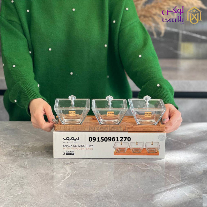 أطباق تقديم زجاجية بغطاء أكريليك وصينية تقديم خشبية