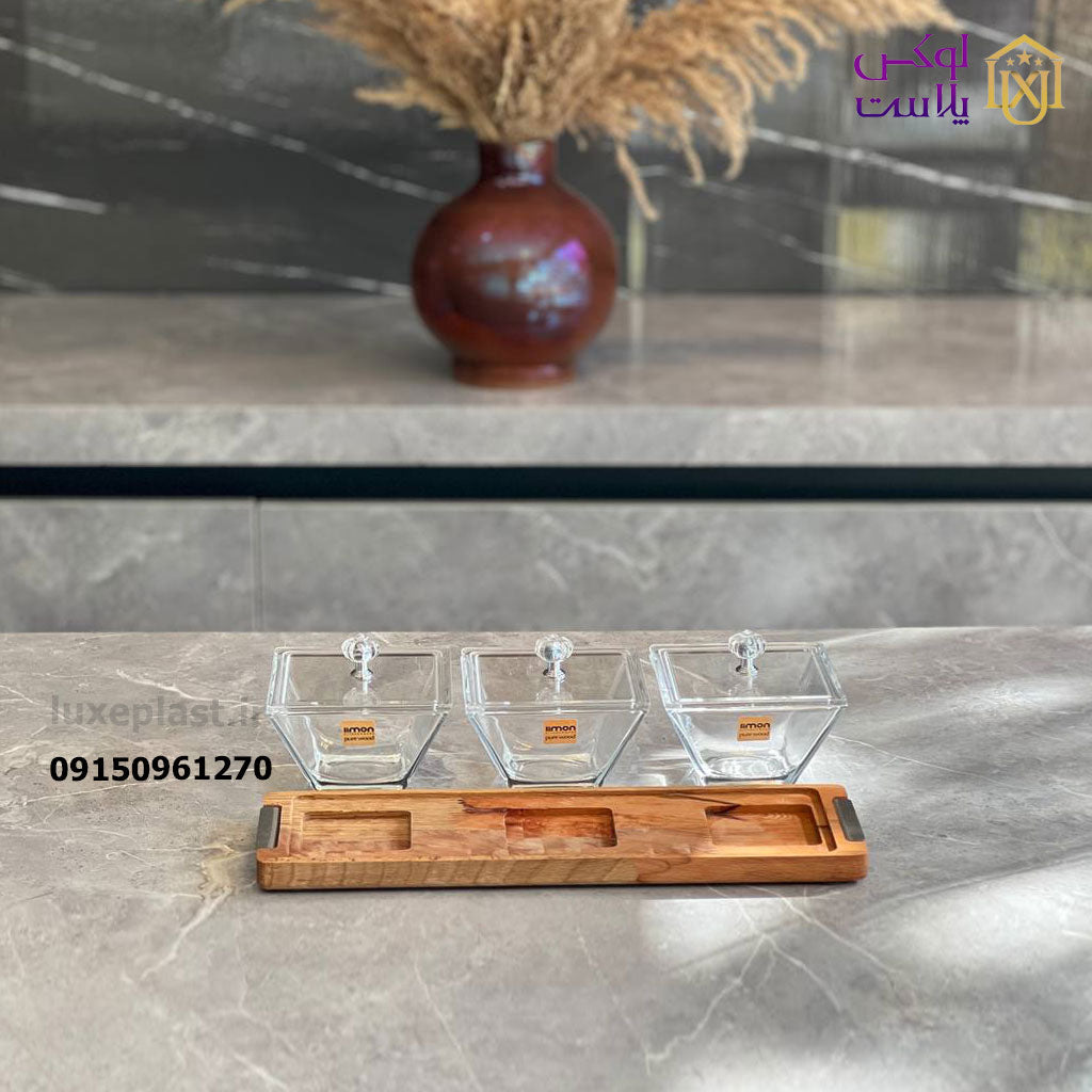 Glass Serving Dishes With Acrylic Lid And Wooden Serving Tray