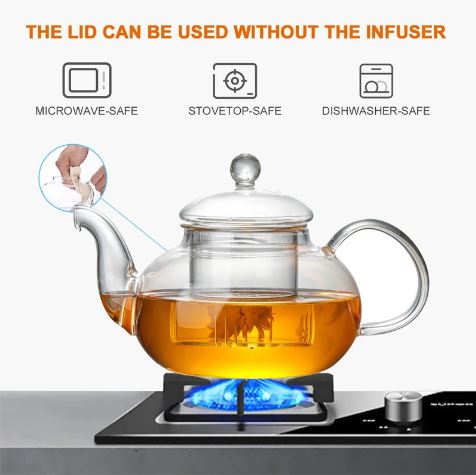 Glass Teapot with Glass Infuser, Stovetop Safe Tea Kettle, Blooming and Loose Leaf Tea Maker