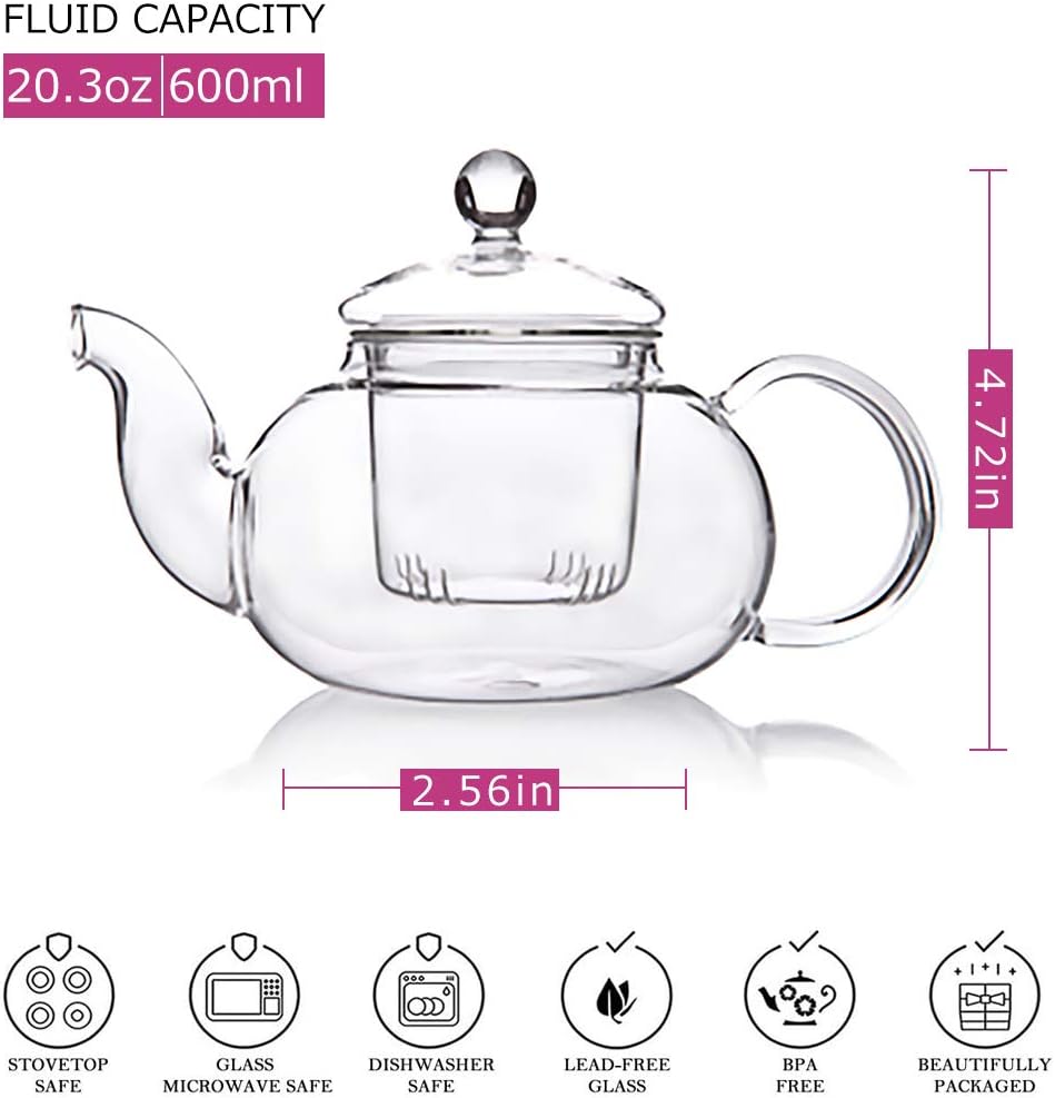 Glass Teapot with Glass Infuser, Stovetop Safe Tea Kettle, Blooming and Loose Leaf Tea Maker