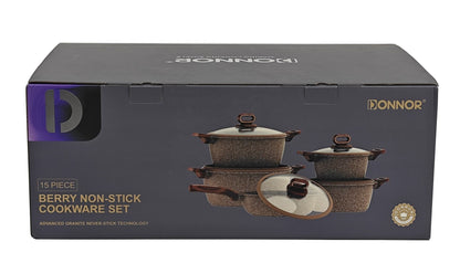 DONNOR 15-Piece Non-Stick Cookware Set | Premium Aluminum Pots & Pans with Glass Lids | Induction & Gas Compatible - Dark Grey