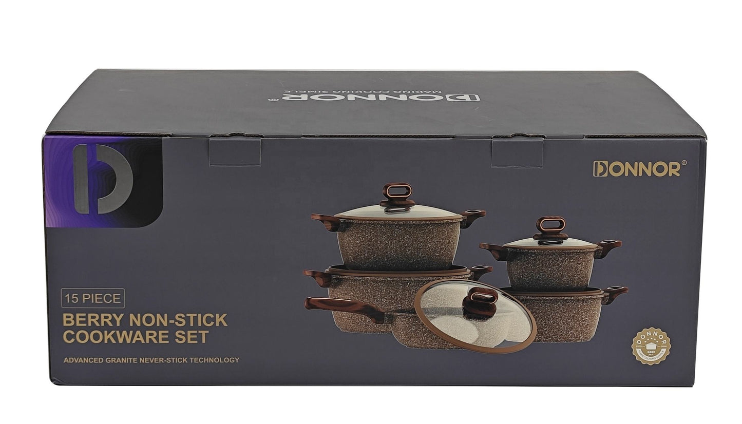 DONNOR 15-Piece Non-Stick Cookware Set | Premium Aluminum Pots & Pans with Glass Lids | Induction & Gas Compatible