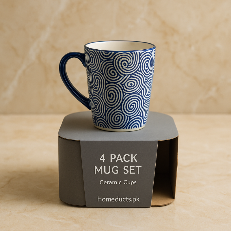 Premium 4-Piece Ceramic Mug Set – Blue Patterned Coffee & Tea Cups | Adornia.pk