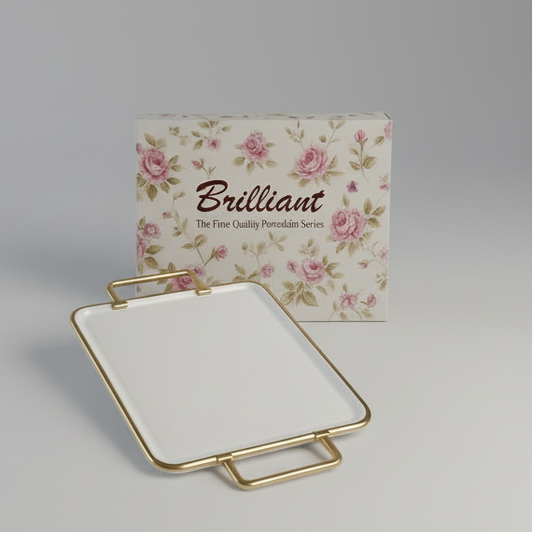 Brilliant Premium Porcelain Serving Tray – 28×15 cm | Luxury Gold Handle Rectangular Dish for Snacks, Cakes & Tea Serving