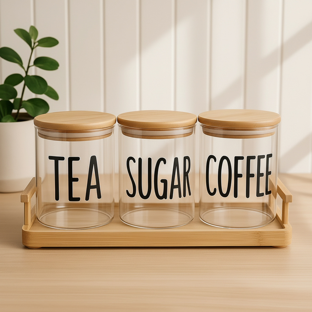 Luxury Glass Tea Sugar Coffee Jar Set with Bamboo Lids & Wooden Tray – 3-Piece Airtight Storage Containers