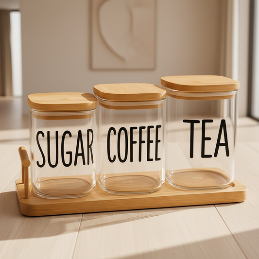 Luxury Bamboo Glass Jar Set – Sugar, Coffee & Tea Storage Containers with Airtight Wooden Lids & Tray