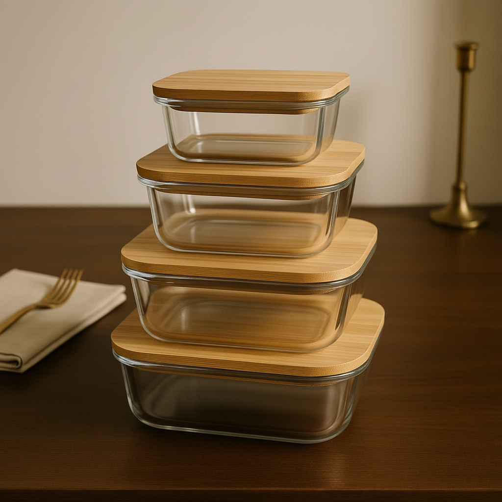 Premium Glass Food Storage Containers with Bamboo Lids – Airtight, Stackable, Eco-Friendly Kitchen Containers (Set of 4)