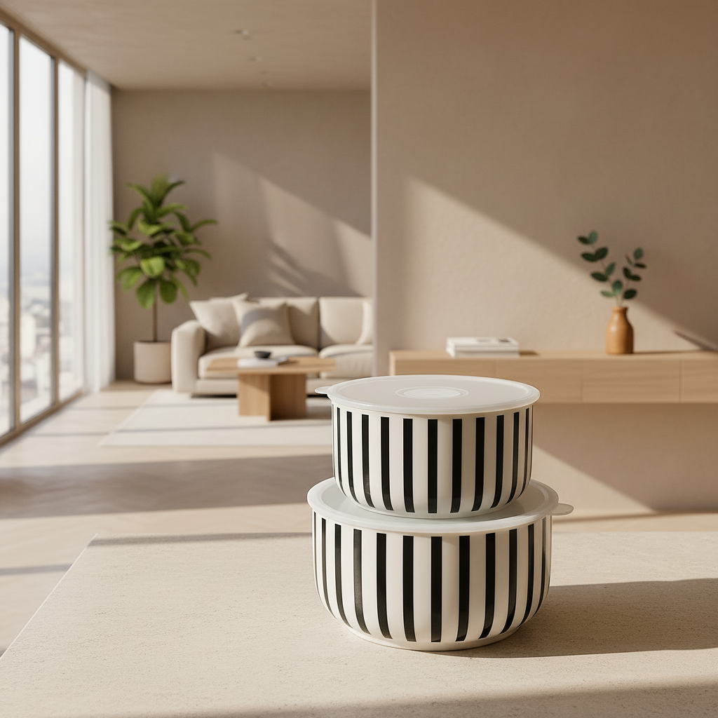Premium Ceramic Stripe Food Storage Bowl – Airtight Lid – 1 Piece (Small or Large)