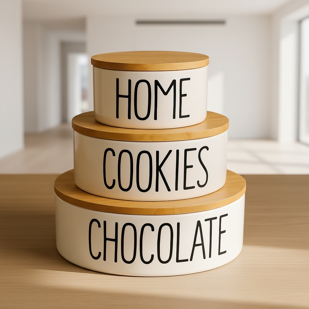 3-Piece Ceramic Storage Jar Set with Bamboo Lids – HOME / COOKIES / CHOCOLATE | Premium Kitchen Organizer Containers