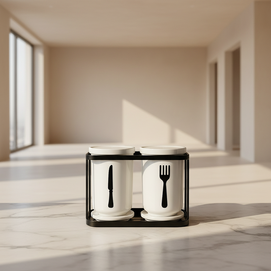 Luxury Dual Ceramic Cutlery Holder Set with Metal Stand – Knife & Fork Printed Utensil Organizer