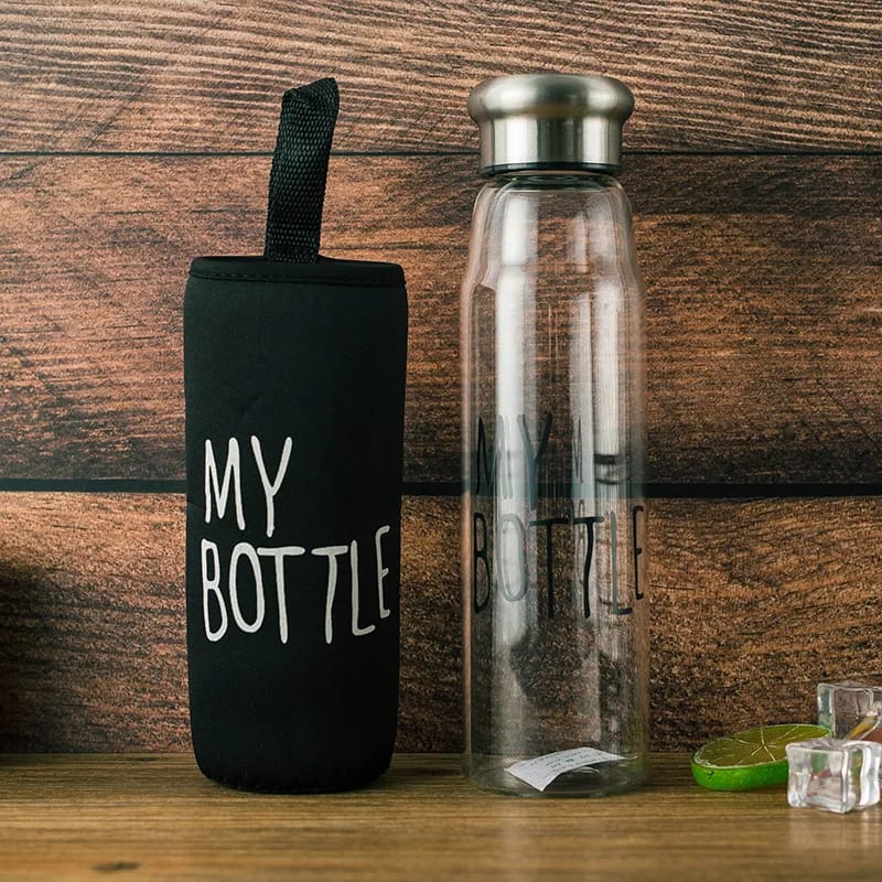 Glass Water Bottle With Aluminum Cap & My Bottle Black Pouch, 750ml Capacity