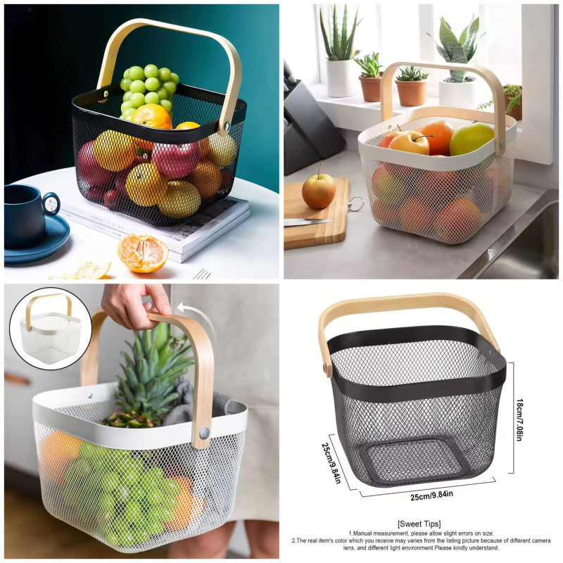 Modern Metal Mesh Fruit Basket with Wooden Handle – Stylish Kitchen Counter Storage for Fruits and Vegetables | Adornia.pk