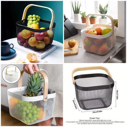 Modern Metal Mesh Fruit Basket with Wooden Handle – Stylish Kitchen Counter Storage for Fruits and Vegetables | Adornia.pk
