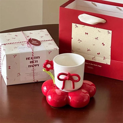 Luxury Floral Ceramic Coffee Cup with Bow Design & Decorative Stand