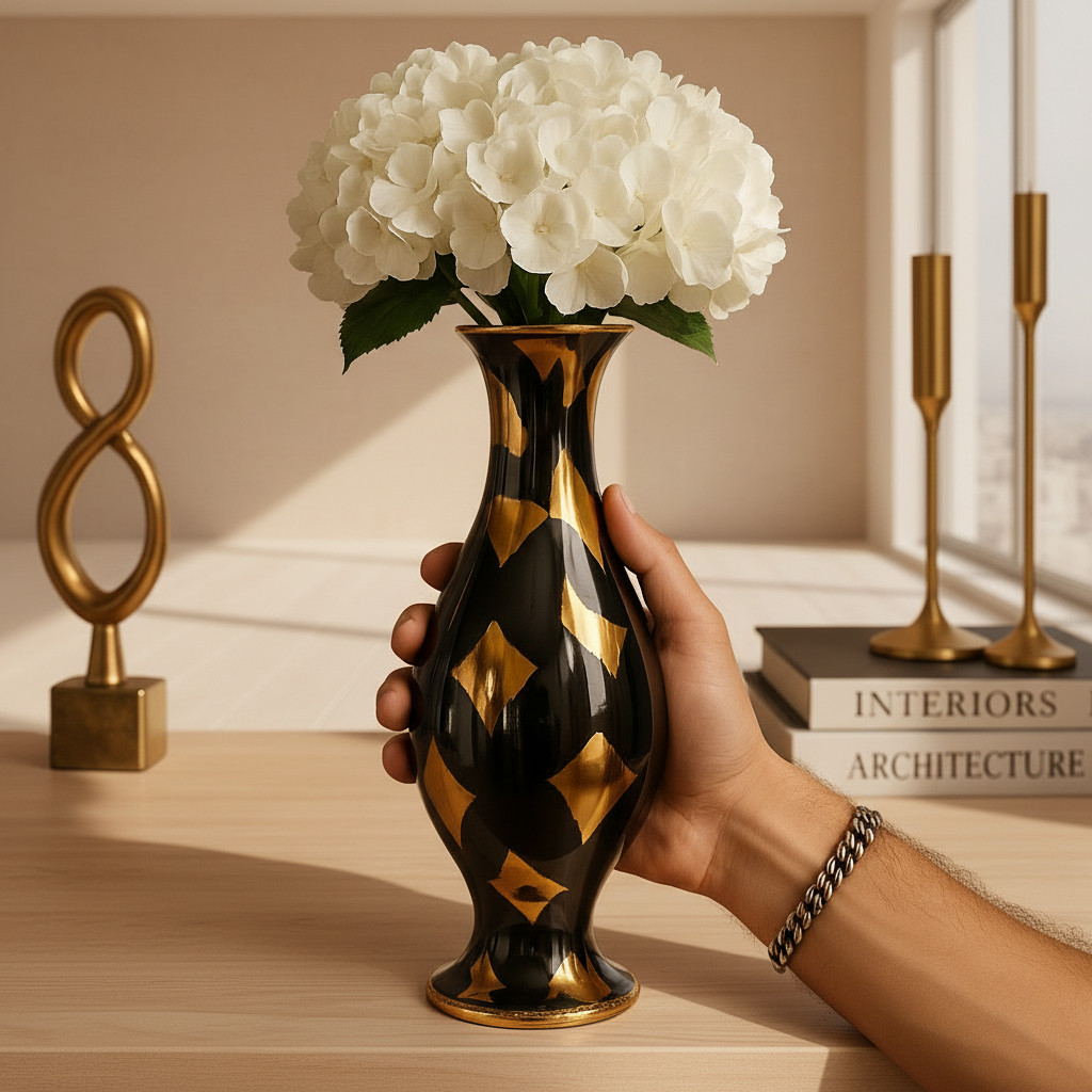 Black & Gold Luxury Decorative Vase – Premium Modern Home Décor for Living Room & Dining Table