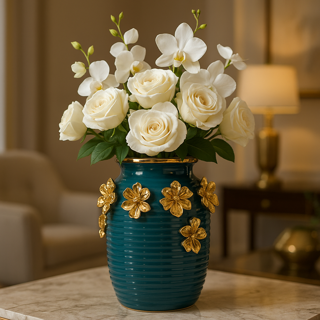 Luxury Teal Ceramic Vase with Golden Floral Embellishments – Premium Home Décor