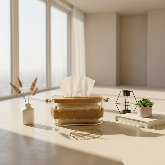 Luxury Acrylic Tissue Box with Gold Accents – Premium Napkin Holder for Bathroom, Living Room & Office