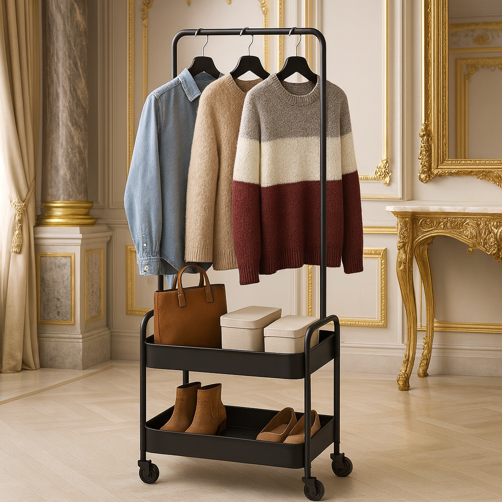 Luxury Rolling Garment Rack with Dual Storage Shelves – Modern Metal Clothes Organizer