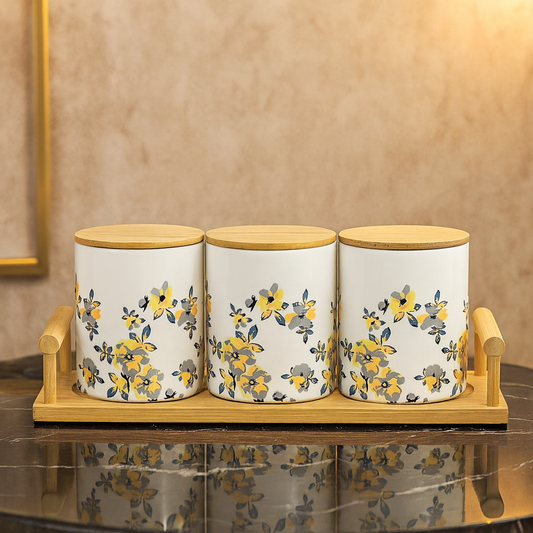Luxury Floral Ceramic Storage Jar Set with Wooden Lids & Tray (3-Piece)