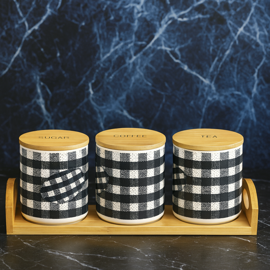 Luxury Black & White Checkered Ceramic Tea Coffee Sugar Jars Set with Bamboo Tray (3-Piece Kitchen Canister Set)