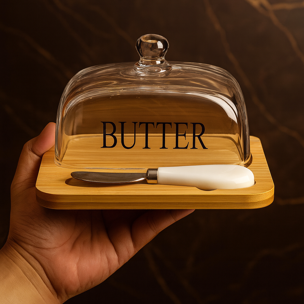 Luxury Glass Butter Dish with Bamboo Base & Serving Knife – Elegant Kitchen Butter Keeper