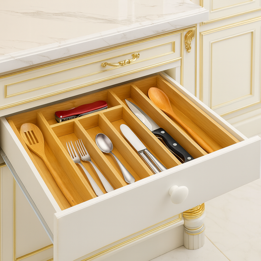 Luxury Bamboo Cutlery Organizer Drawer Tray – Adjustable Wooden Kitchen Utensil Divider