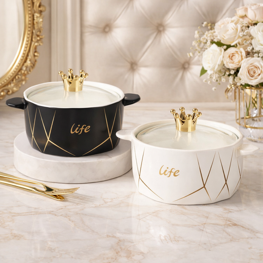 Luxury Crown Lid Ceramic Soup Bowl with Handles – 1 Piece (1200ml)
