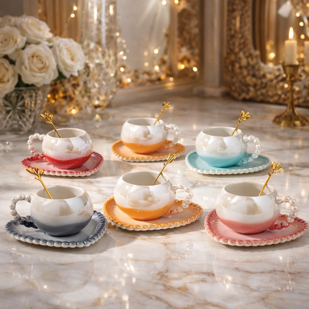 Luxury Pearl Handle Tea Cup & Saucer Set with Golden Spoon (1pc)