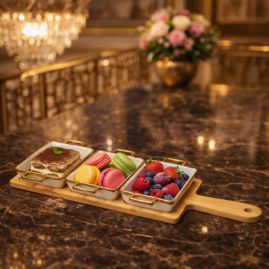 Luxury Ceramic Dessert Serving Tray with Wooden Handle & Golden Accents
