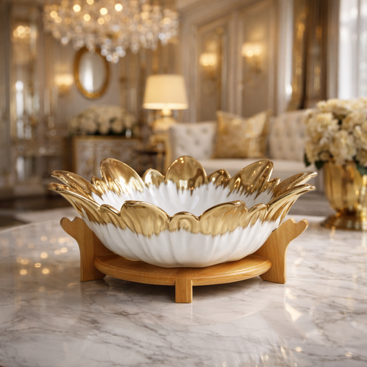 Luxury Gold-Edged Ceramic Fruit Bowl with Wooden Stand