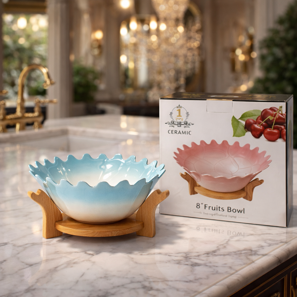 Luxury Scalloped Ceramic Fruit Bowl with Wooden Stand