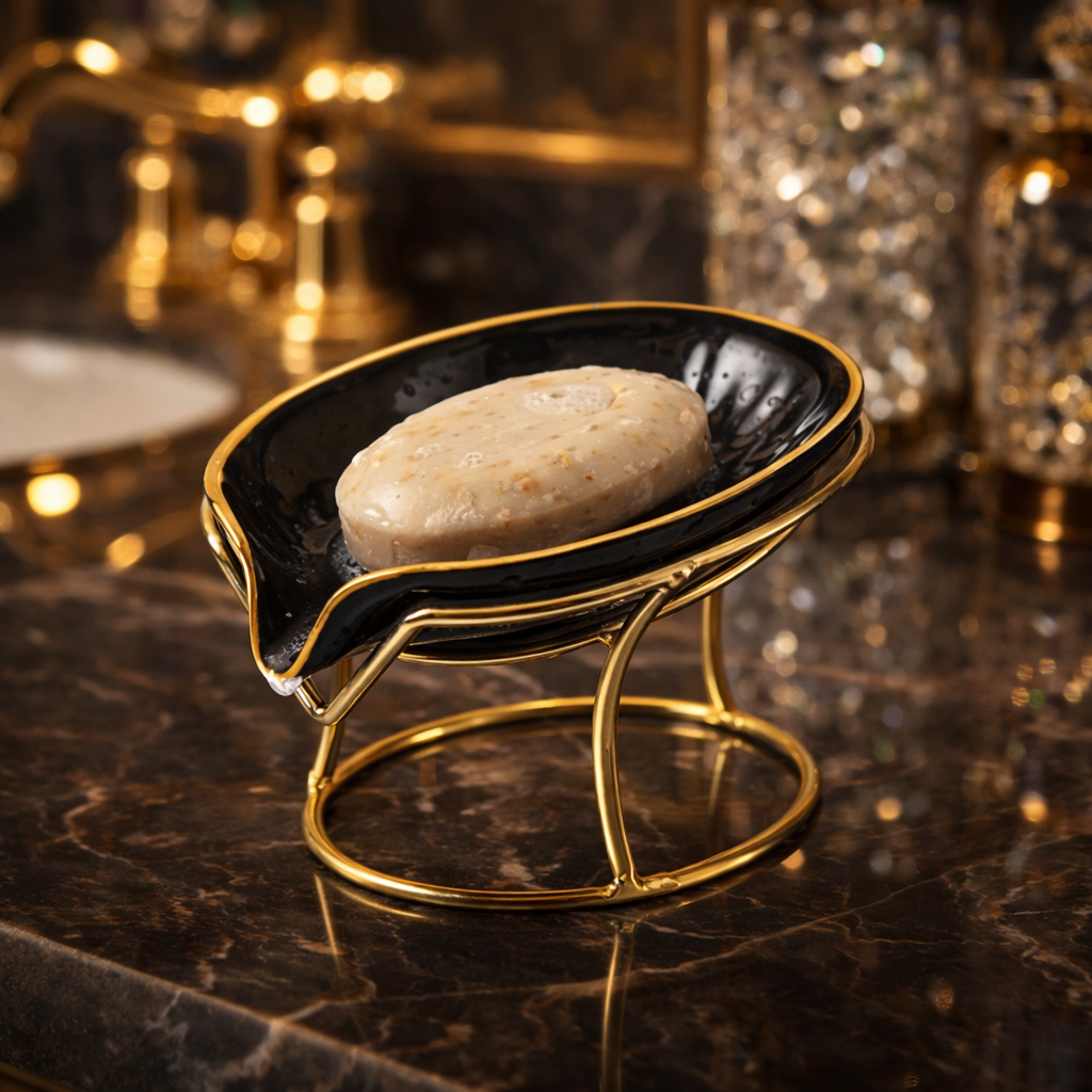 Luxury Black & Gold Ceramic Soap Dish with Metal Stand
