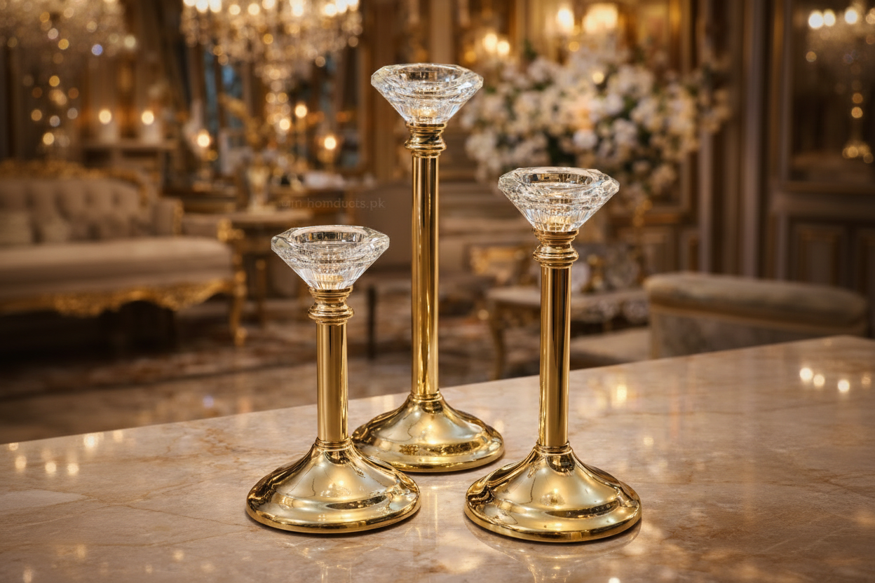 Luxury Crystal Top Gold Candle Holders Set (3-Piece Elegant Table Décor)