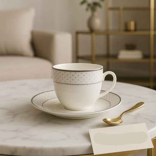 Luxury Porcelain Cup & Saucer Set – Silver Dot Design 6 Pcs | Elegant Tea Set Adornia Pakistan