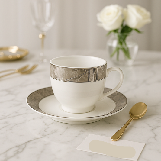 Luxury Porcelain Cup & Saucer Set – Silver Marble Design 6 Pcs | Elegant Tea Set Adornia Pakistan