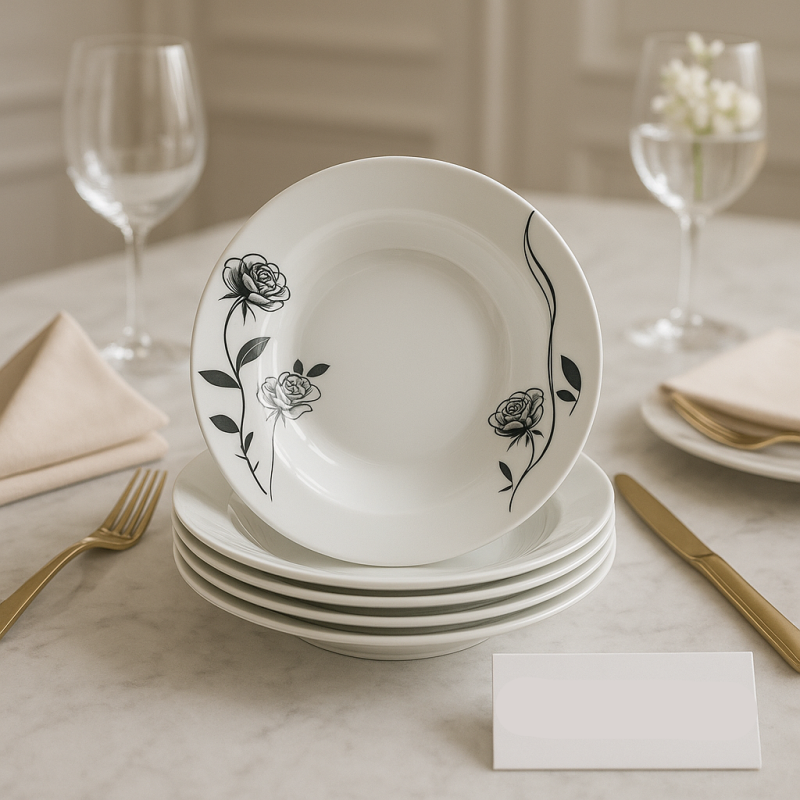 Luxury Floral Soup Plate Set – 6 Pieces | Elegant Black Rose Design Ceramic Tableware