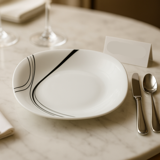 Luxury Square Soup Plate Set – 6 Pcs Elegant White Dinnerware with Black Wave Design | Premium Ceramic Tableware