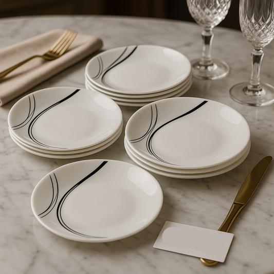 Luxury Porcelain Quarter Plate Set – 6pcs Modern Dining Plates with Black Wave Design | Premium Tableware for Elegant Dining