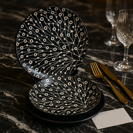 Luxury Black & White 18pcs Ceramic Dinner Plate Set – Modern Abstract Design | Premium Tableware for Contemporary Dining