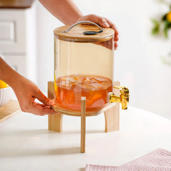 SunriseAmber Glass Dispenser with Airtight Lid and Bamboo Stand