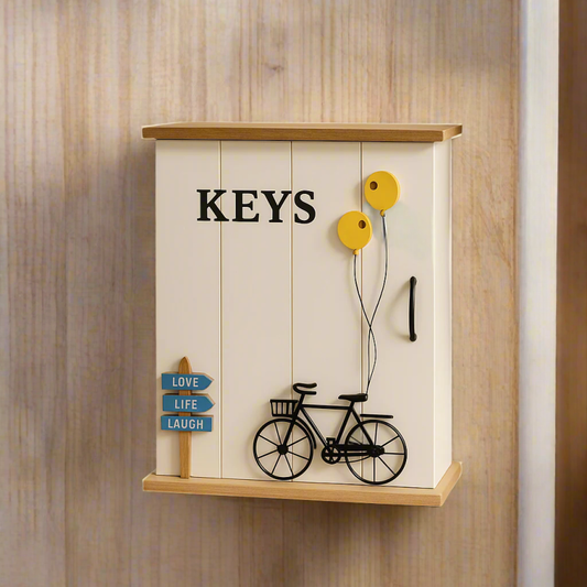 Vintage Wooden Key Holder Cabinet with Bicycle Design | “Love Life Laugh” Wall Organizer for Home Décor